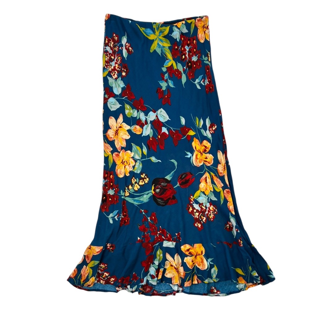 B.O.G. Collective Teal Floral Ruffle Hem Boho Midi Maxi Slip Skirt Size M NWT